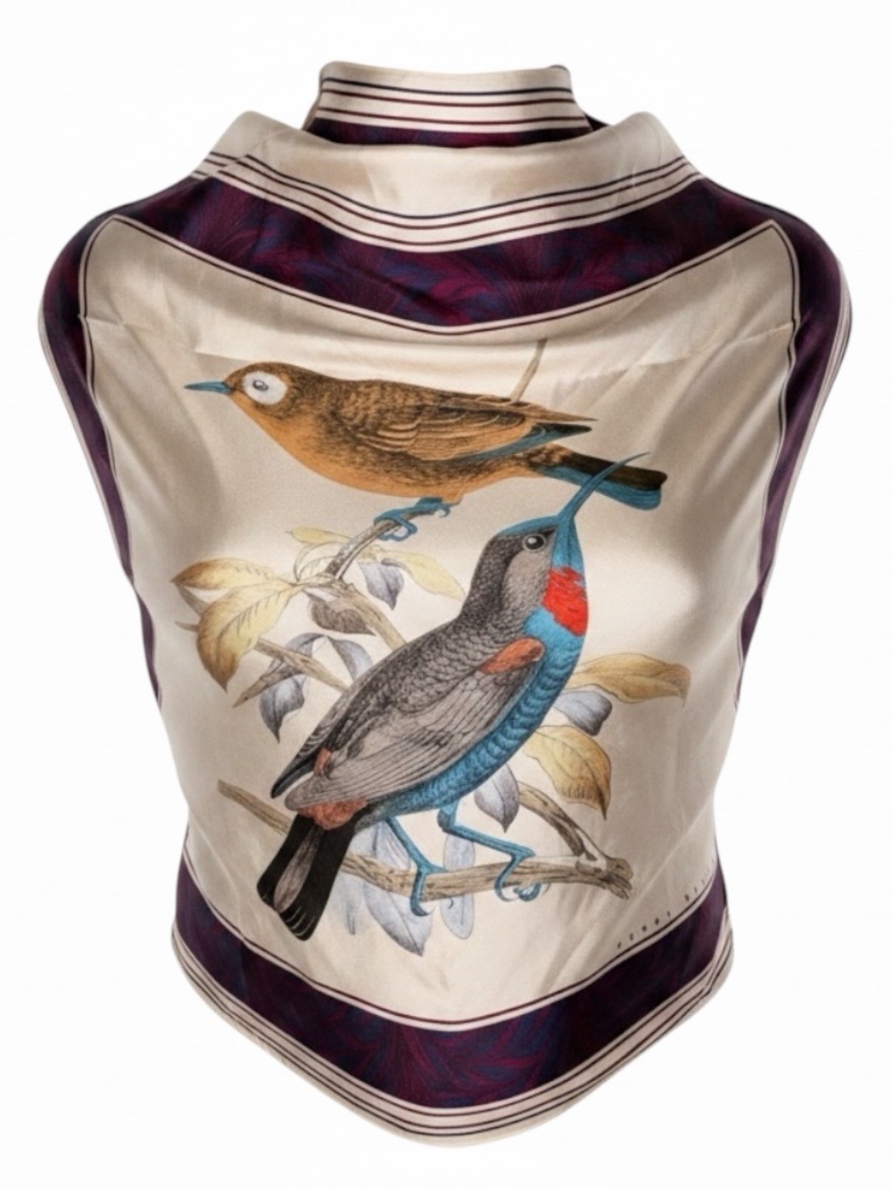 Perry Ellis Cream Scarf with Purple Border and Bird Motif